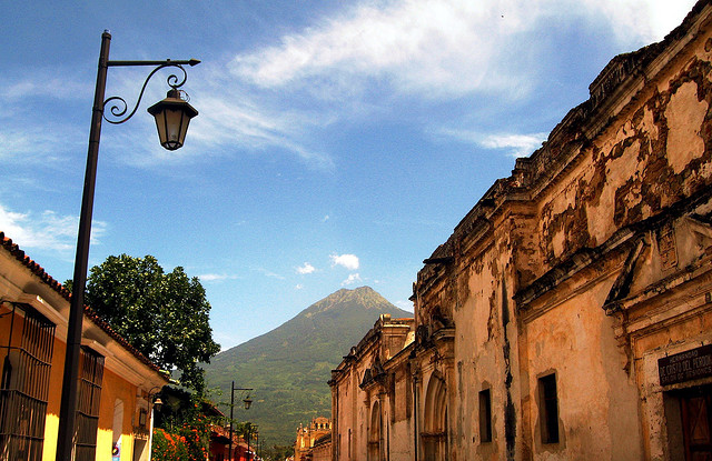 A volcano at the end of the street, Antigua, Guatemala.