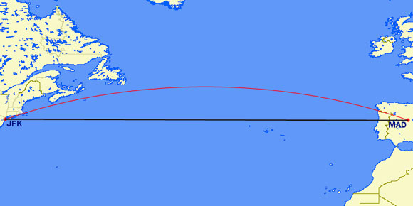 Desvío (línea roja) del avión debido al Efecto Coriolis
