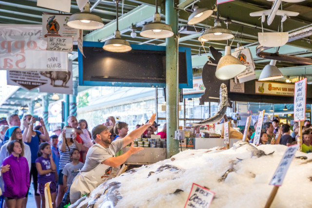 USA Washington Seattle Pike Place Market fishmonger f11photo shutterstock_205594996