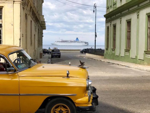 L2F Jan 17 pic Cuba Havana classic cars yellow car with cruise ship