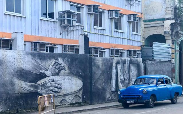 L2F Mar 17 pic Cuba Havana street art Paseo del Prado with old blue car