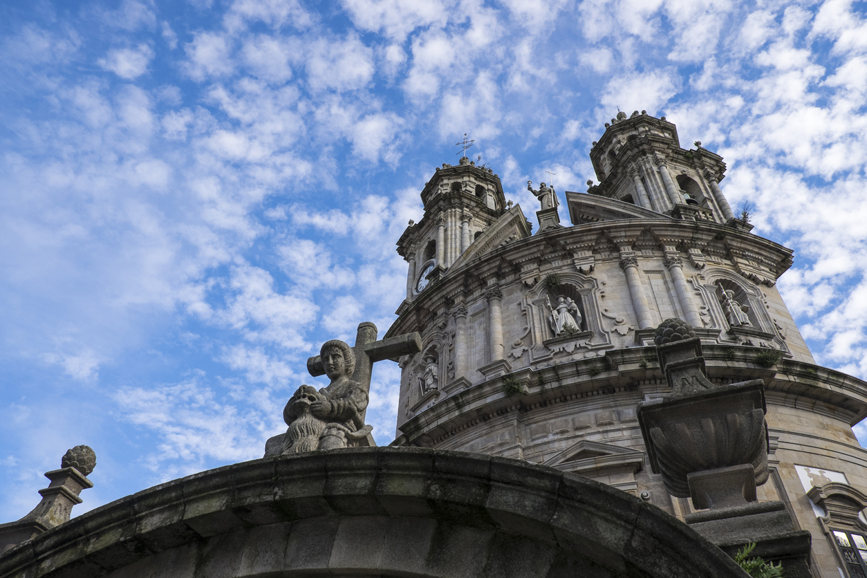 Main facade of La Virgen Peregrina church, a 18th century baroque temple in downtown Pontevedra, Galicia (northwestern Spain).