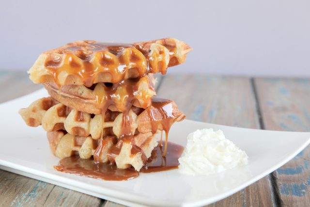 Caramel waffle with whipped cream