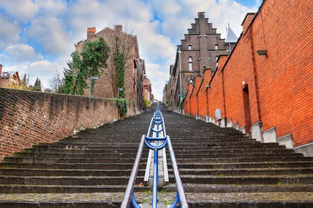 Beautiful cityscape of the 374-step long staircase Montagne de Bueren, a popular landmark and tourist attraction in Liege, Belgium
