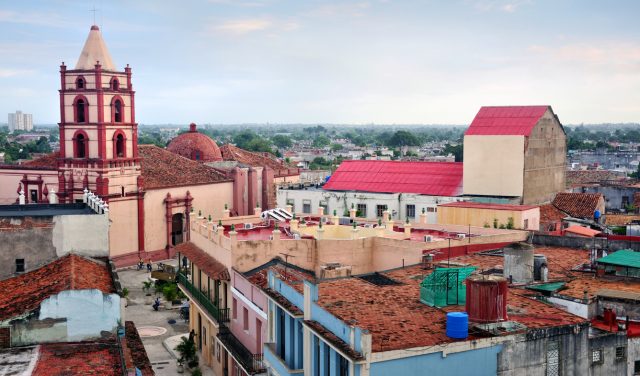 Camaguey cityscape with Iglesia De Soledad church on backgound, Cuba. The city is a UNESCO World Heritage Site