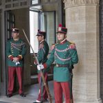 City of San Marino, Republic of San Marino - September 26, 2016: National guards in their traditional uniform on a post in Publico Palazzo.