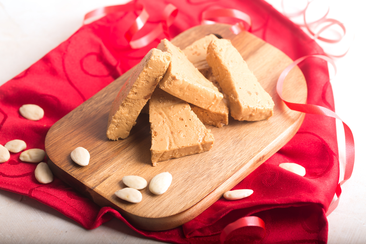 Turron is a typical Christmas food in Spain, usually prepared with almond nougat and fruits