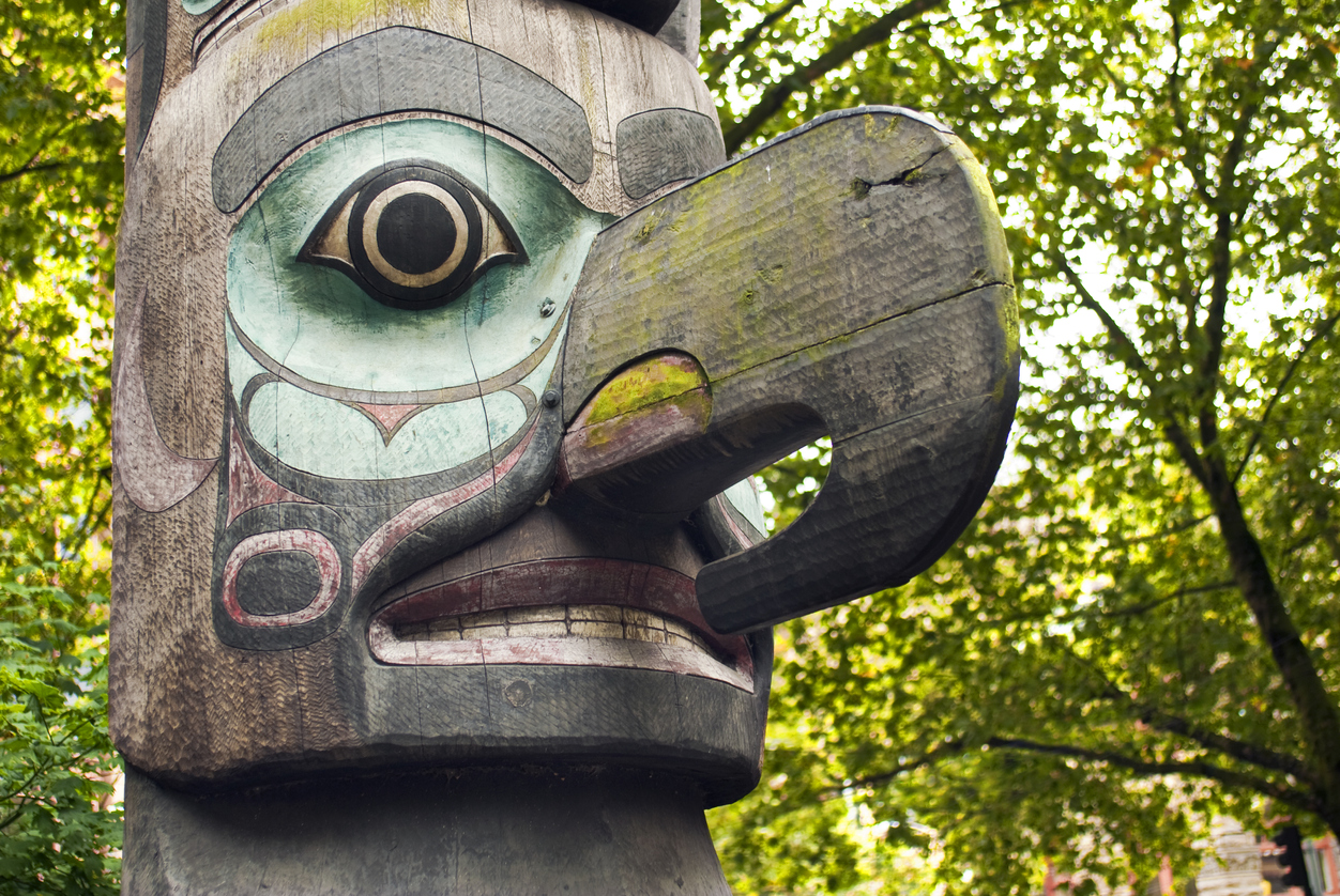 Close up of totem pole in Pioneer Square