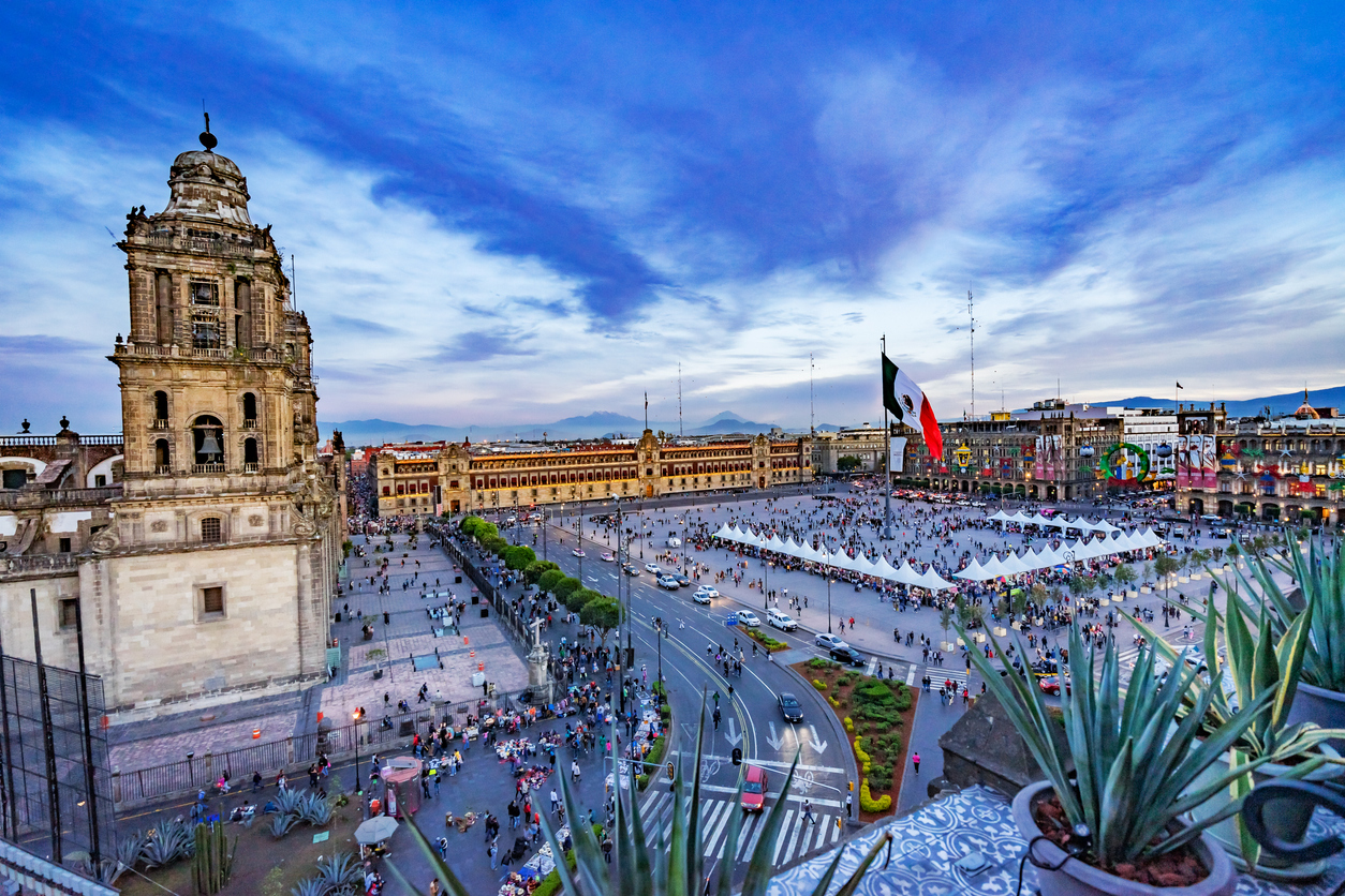 Metropolitan Cathedral and President's Palace Evening Zocalo Center Mexican Flag Mexico City Mexico