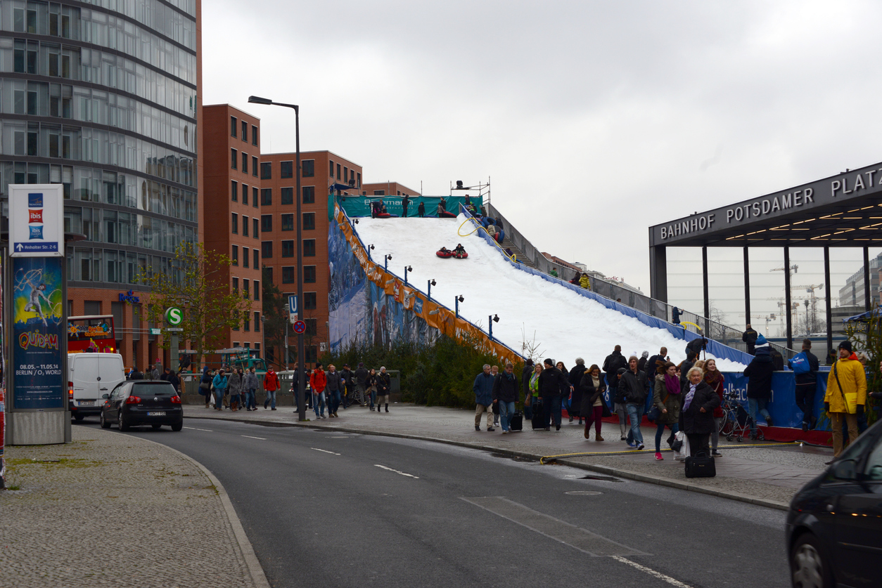 Berlin, Germany, 11/23/2013 artificial ski slope for tubing at Christmas fair in Berlin, Potsdamer Platz