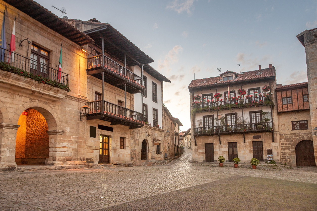 A street in Santillana del Mar, a touristic medieval town in Cantabria, Spain.